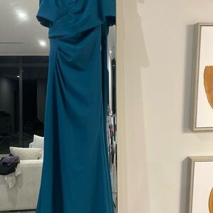 Aqua Teal Satin Dress with Gathered Waist